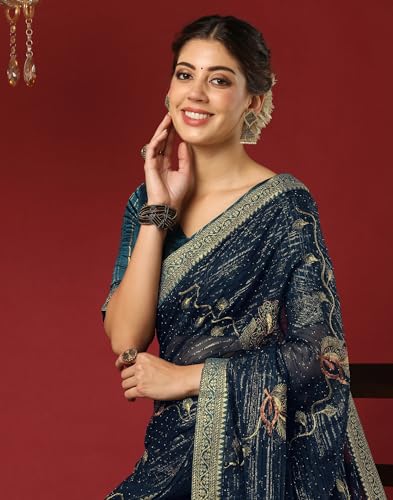 SIRIL Women's Embroidered & Stone Work Georgette Saree With Unstitched Blouse Pieces (4397S3142-Blue)