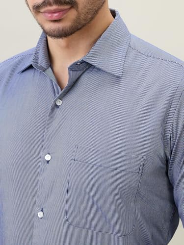 Raymond Men Regular Fit Stripe Pattern Pure Cotton Cut Away Collar Full Sleeve Formal Shirt Blue