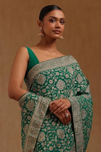 Soch Womens Teal Green Georgette Embroidered Saree With Stone Work