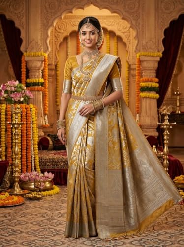VFCollections Women's Traditional Handloom Kanchipuram Silk Pure Pattu Sarees | Rich Zari Woven Design | Bridal Saree | Unstitched Blouse (VFC662-2)