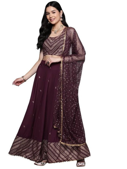 Ahalyaa Women's Polyester Lehenga Choli (AHBLDUSK-COMBO-649-SS-25_Wine_M)