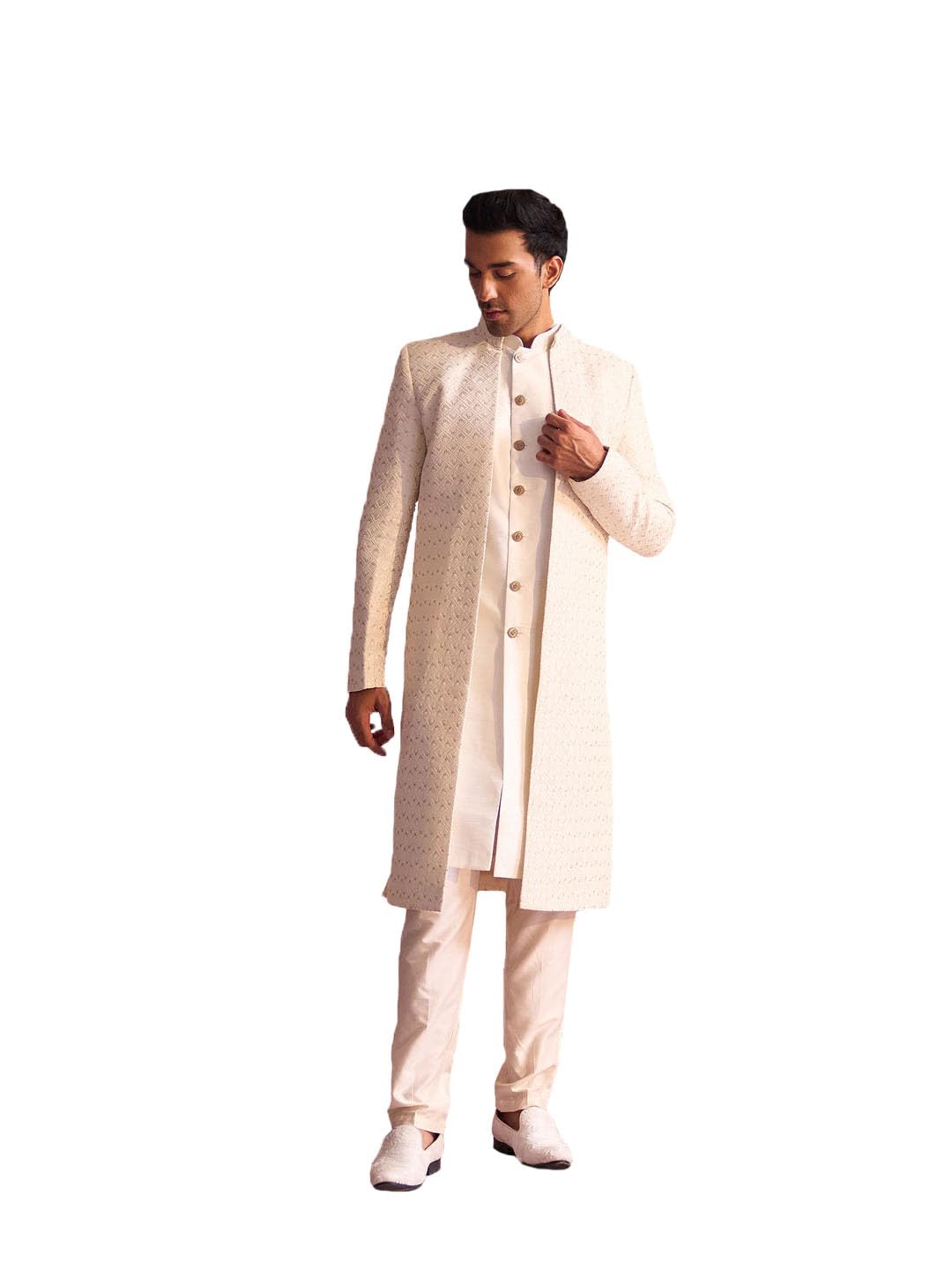 VASTRAMAY Men's Cream Silk Blend Sherwani Set_VASMIW221CRnMIW222CRnPANT002CR_42