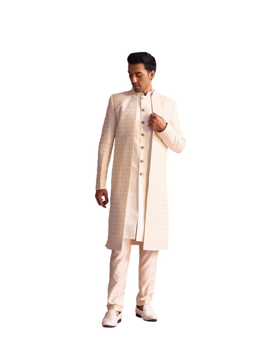 VASTRAMAY Men's Cream Silk Blend Sherwani Set_VASMIW221CRnMIW222CRnPANT002CR_42