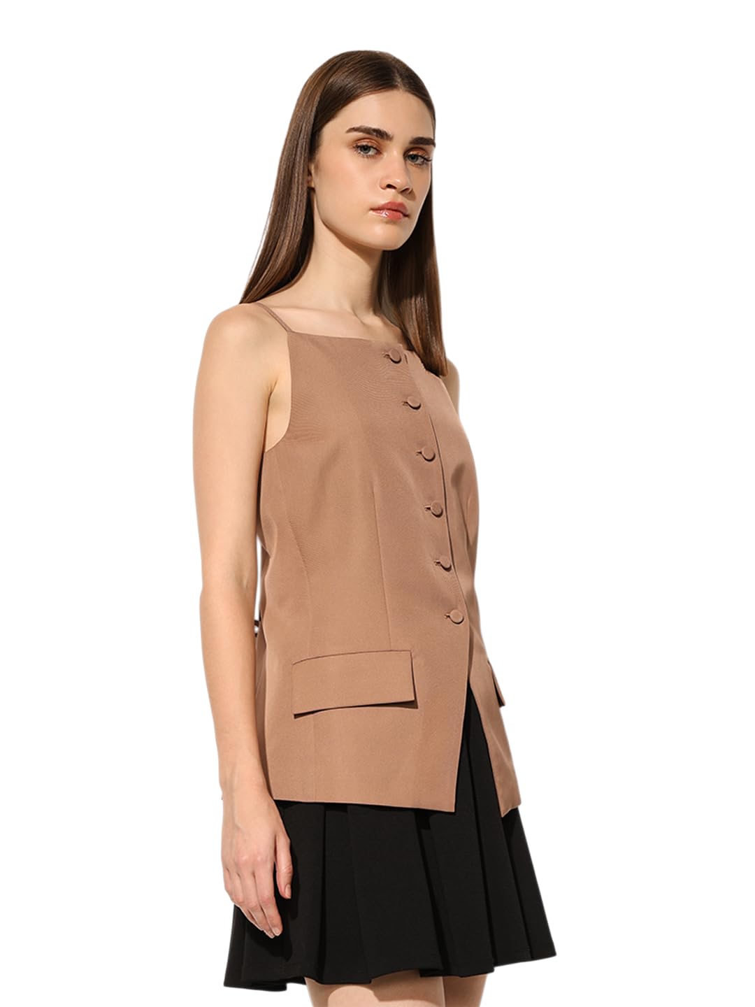 ONLY Women's Solid Regular Fit Light Brown Top