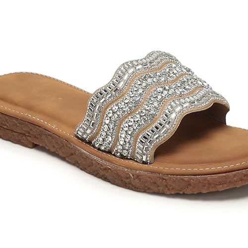 Marc Loire Women Embellished Ethnic Flats | Slip-On Open Toe Chappals | Indian Fashion Sandals with Comfortable Sole (Beige, UK Footwear Size System, Adult, Women, Numeric, Medium, 6)