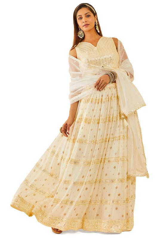 Soch Womens Off White Embellished Georgette Lehenga Choli