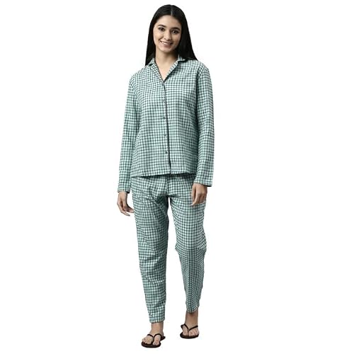 Enamor Essentials Relaxed Fit Cotton Flannel Woven Lazy Full Sleeve Shirt & Mid Rise Pant Set for Womens-EC20 (EC20_Soft Aqua Plaid AOP_S)