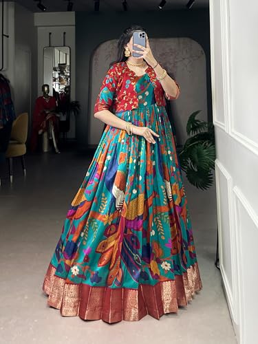 Yana fab Traditional Kalamkari Print Gown with Weaving Work (Firozi)