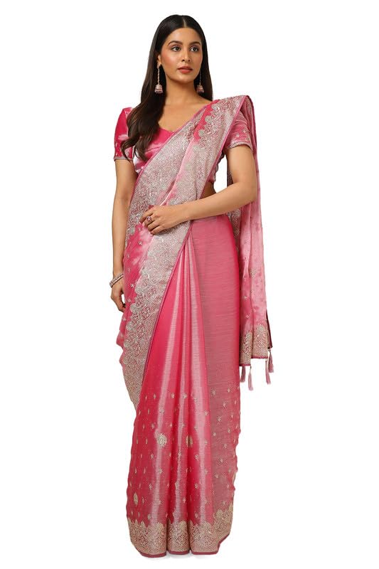 Soch Womens Onion Pink Organza Embroidered Saree With Stone Work
