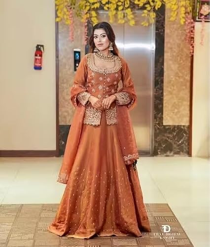 TILKI FASHION Kurti With lehenga And Dupatta Set Bollywood Style Embroidery lehenga Choli Set For Woman (CHINGARI ORANGE, Large)