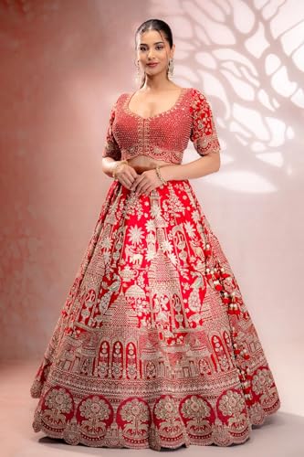 Women's Red Zardosi Embroidered Silk Bridal Lehenga