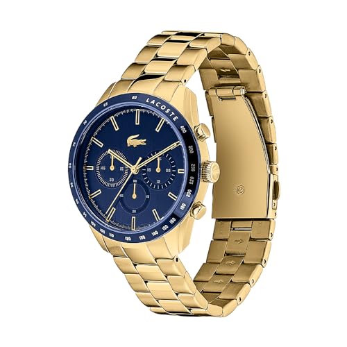 Lacoste Boston Qtz Fashion Chrono Blue Round Dial Men's Watch|Ionic Plated Thin Gold Steel Material|Gold Color Band - 2011096