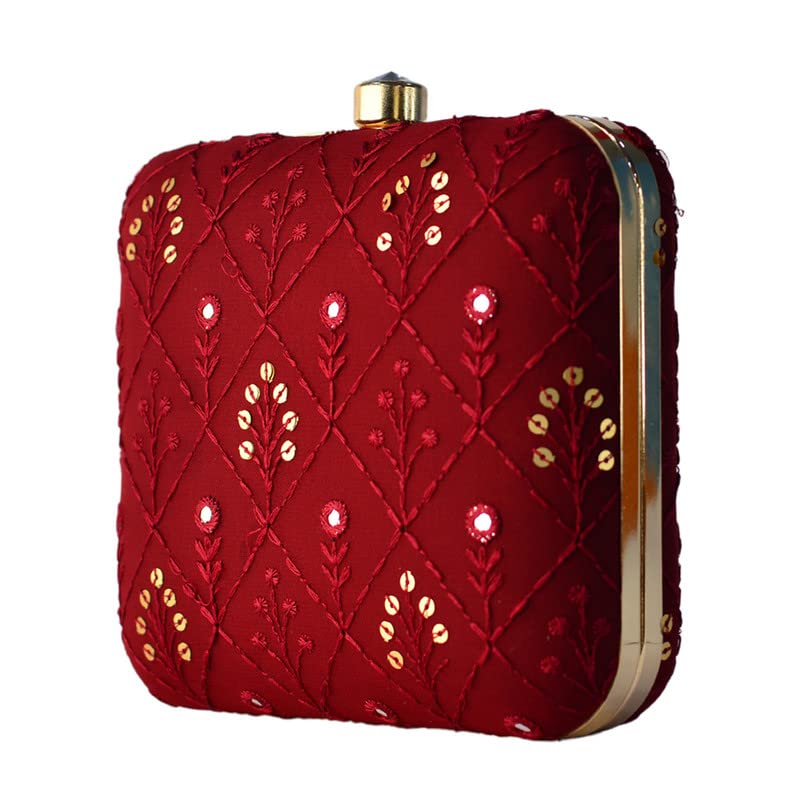 Artklim Maroon Color Embroidered Box Shaped Clutch