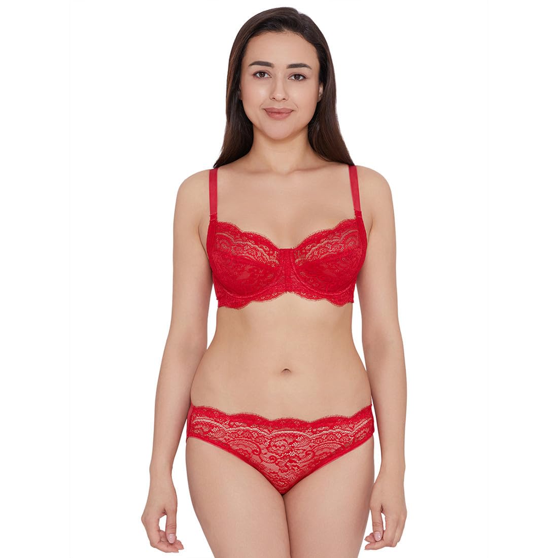 India Essential Lace Non Padded Wired Full Cup Lace Bra(Red, 34D)