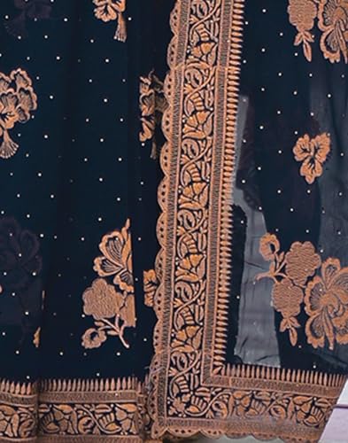 SIRIL Women's Georgette Embroidery & Stone Work Scalloped Border Saree With Unstitched Blouse Piece (4932S932_Dark Navy Blue)