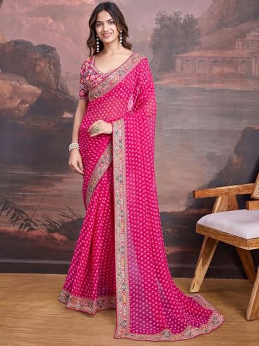 Panzora Women's Georgette Bandhani Printed Pink Saree With Embroidery Unstitched Blouse Piece