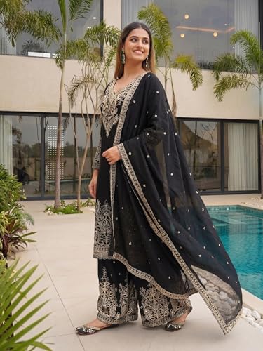 Leeli Peeri Designer Women's Chinon Silk Embroidery Kurta Sharara Set With Dupatta