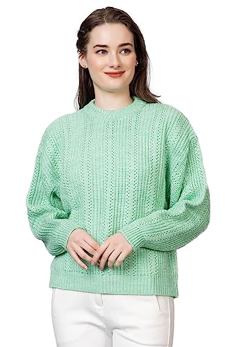Wear lusso Women Pure Wool Pullover Sweater Regular Fit for Winter | Full Sleeve Stylish Crafted with Comfort and Modern Clothing (Large, Light Green)