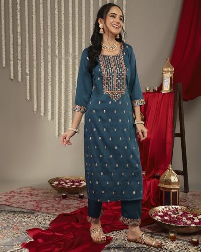 Varanga Women Teal Embroidered Straight Kurta Paired With Tonal Bottom And Printed Dupatta.