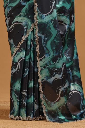 Soch Womens Blue Satin Abstract Saree With Stone Work