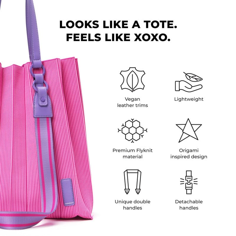 MOKOBARA The Xoxo Classic Tote Bag With Detachable Double Handles|Lightweight For Daily Use|Fly Knit Material Combining Fashion & Functionality For Women(The Xoxo Origami Tote,Very Berry),Pink,Purple