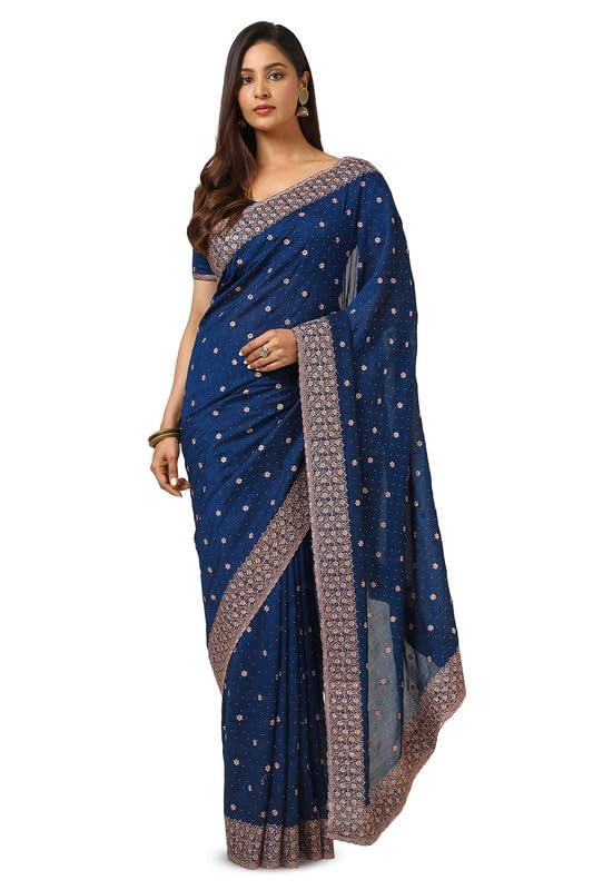 Soch Womens Navy Blue Floral Zari Embroidered Tussar Saree With Stone Work