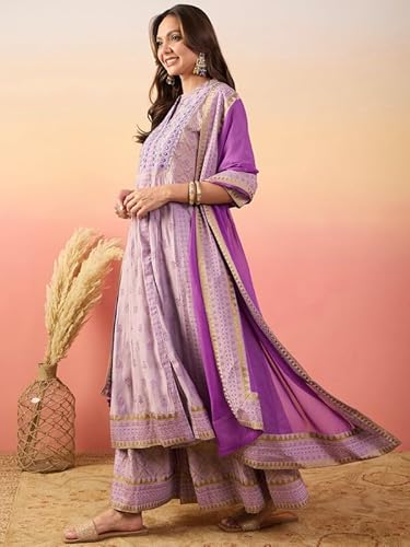 AVYUKTHA Cotton Kurta Palazzo & Dupatta Set For Womens | Regular Fit | 3/4 Sleeve | V Neck | Printed Embroidery | Anarkali | Lightweight | Ethenic Dress | Ideal For Weddings & Parties | S | Skin
