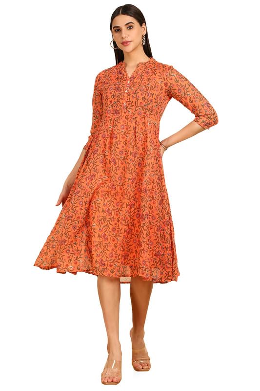 Soch Womens Peach Floral Print Kota Doria Dress