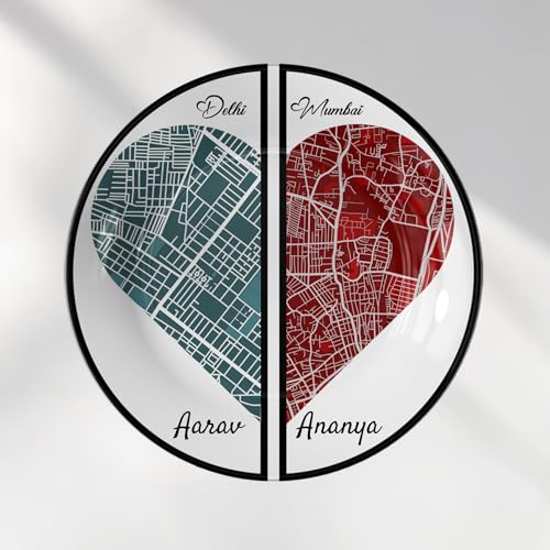 Telinchi Personalized Dual City Heart Map Art Plate | Custom Delhi Mumbai Street Map Decorative Plate with Names | Romantic Couple Keepsake Gift for Anniversary Wedding