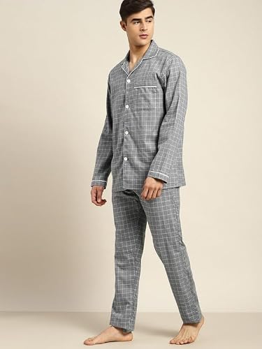 Hancock Men Cotton Checked Pyjama Set Grey Size M