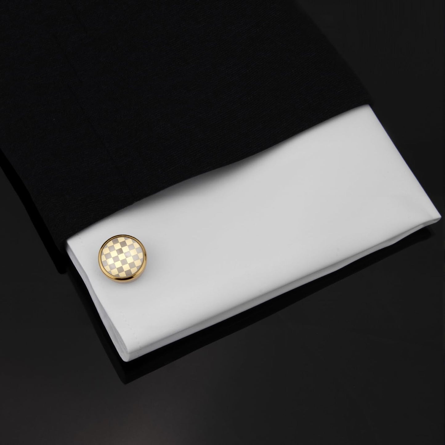 UJOY Men's Cufflinks - Gold Plated, Chessboard Design, Round Shape, Suitable for Business Wedding Dinner Formal Dress, with Gift Box