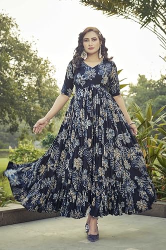 Samprag Rayon Gown for Women | Full Length | Printed | Fit & Flare | 3/4Th Sleeves | V Neck | Stylish | Ideal for Casual, Formal & Party Occassions | Blue | S