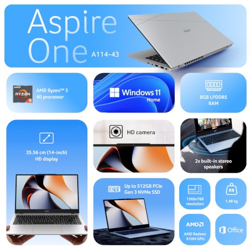 Acer Smartchoice Aspire One, AMD Ryzen 5-40,Office 2024 + M365 Basic, 8GB LPDDR5 RAM/ 512GB SSD, 14.0"/35.56cm WXGA Display, Win 11 Home, Pure Silver, 1.48KG, A114-43, Thin and Light Laptop