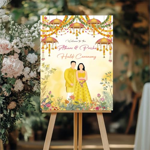 Party Perfect Designs Haldi Ceremony Welcome Board, Personalised Name & Date, Wedding Ubtan Decor, Multiple Design Variations 3mm and 5mm Thickness (Golden Amber)