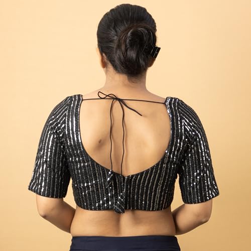 Women's Sequin Embroidered V Neck Elbow Half Sleeve Readymade Saree Blouse Indian Ethnic Designer Stitched Plus Size Top Padded Lavender Pink Blue Silver Black Gold Red Green | E1 (Black, 46)