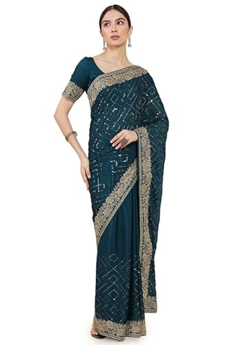 Soch Women Turquoise Solid Saree