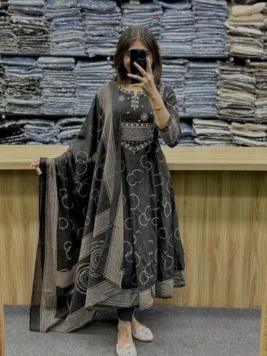 Women's Anarkali Kurta Set with Dupatta, Bandhani Print, 3-Piece Ethnic Suit (IN, Alpha, M, BLACK)