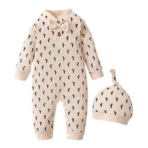 Hopscotch Baby Boys and Baby Girls Cotton and Polyester Full-Sleeve All-Over Print Bodysuit With Cap in Beige Color For Ages 6-9 Months (BNF-4246936)