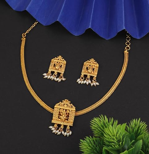 CUTE GOLD Antique Oxidised Plating Necklace With Earring For Women and Girls | Antique Temple Necklace Set for Women & Girls(AN-350) (Tropical)