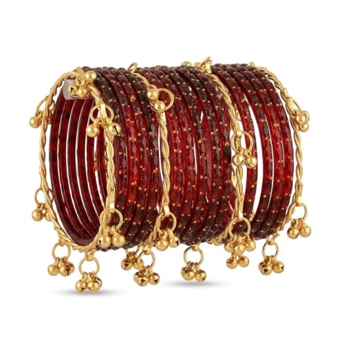 Kashmiri Ghangharoo Glass Bangles Set for Women | Light Weight Bangles | Traditional Transparent Fancy Glass Chudi Set for Wedding, Party(Set Of 16) Mahroon colour