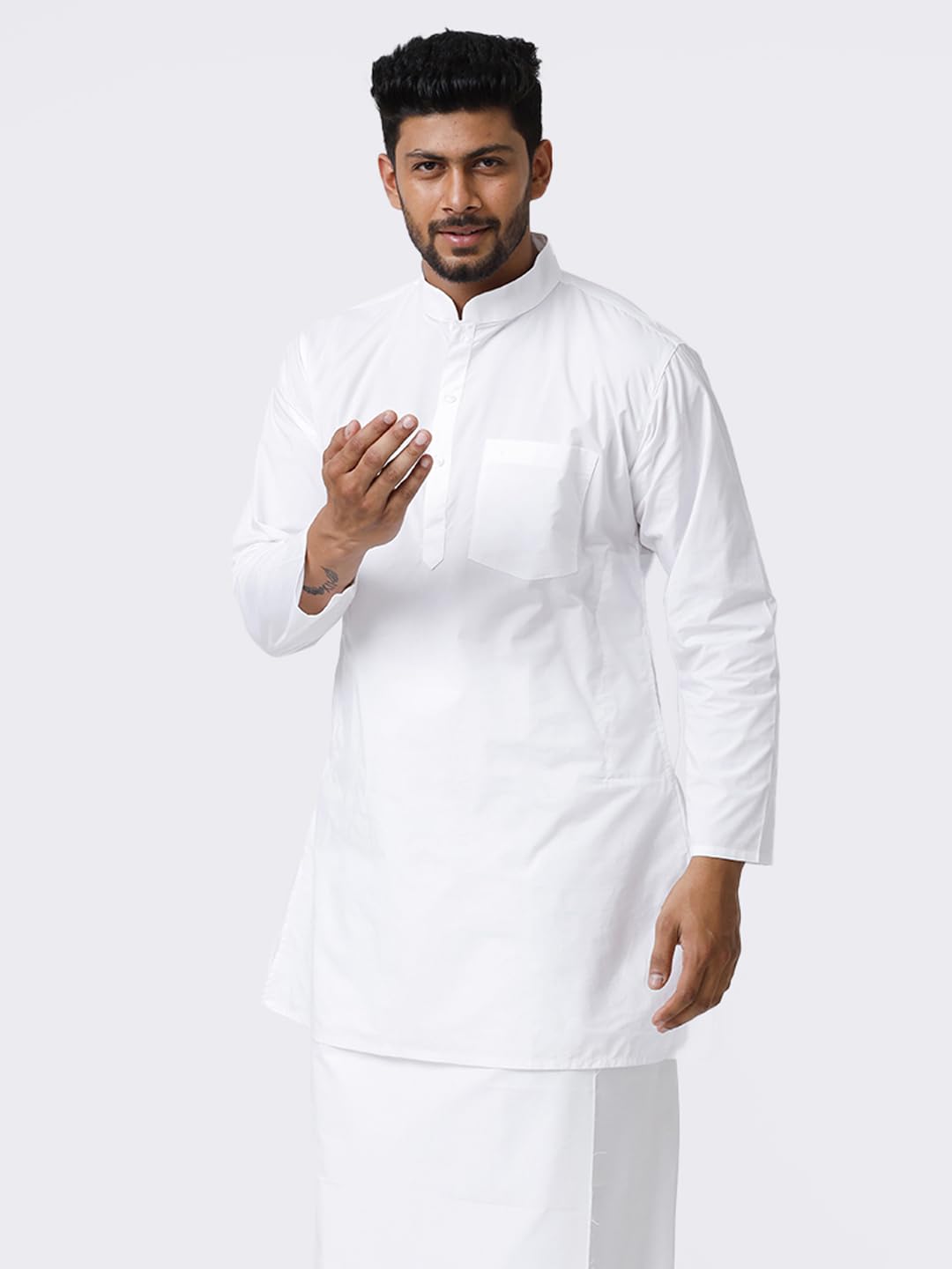 RAMRAJ COTTON White Full Sleeve Medium Length Kurta