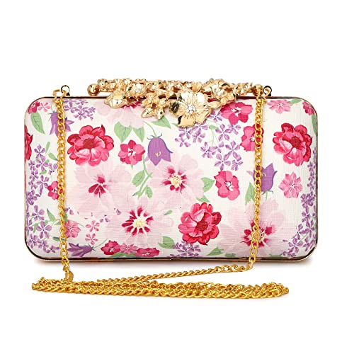 TOOBA Handicraft Beautiful Flower Box Clutch Bag Purse for Bridal, Casual, Wedding Bag for Women & Girls (White Flower)