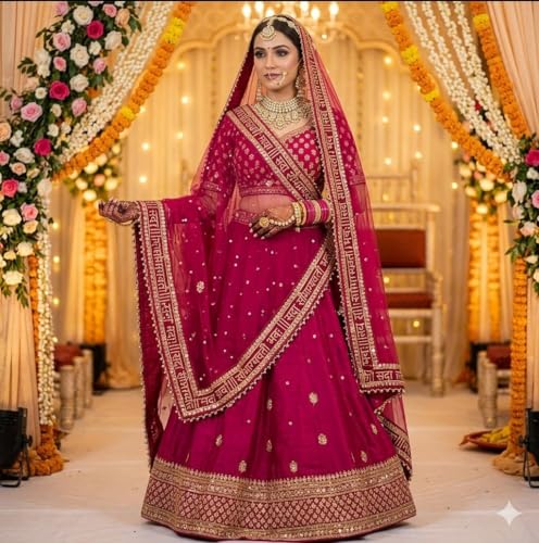 Navti Creations Wedding Bridal Women's Magenta (Pink) Net Dupatta With Sada Saubhagyawati Bhaw Embroidery Border (Full Stone work, 2.25m, 4 side moti lace)