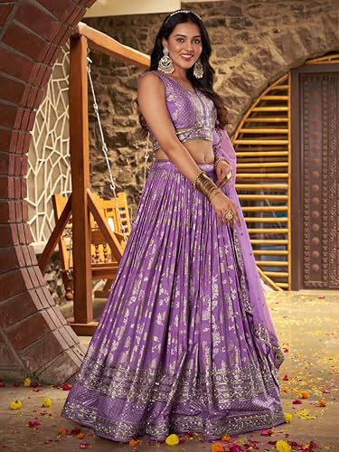 Zeel Clothing Women's Sequins Zari Embroidered Dola Silk Jacquard Lehenga Choli With Dupatta (7100-Women-Lehenga-Choli-Latest, Free size) (Lavender)