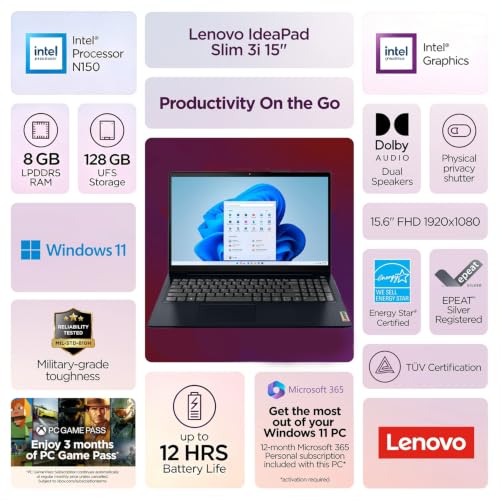 Lenovo IdeaPad Slim 3i • 15.6" FHD Laptop with Microsoft 365 Included • Intel N150 • 8GB DDR5RAM • 128GB SSD • Windows 11