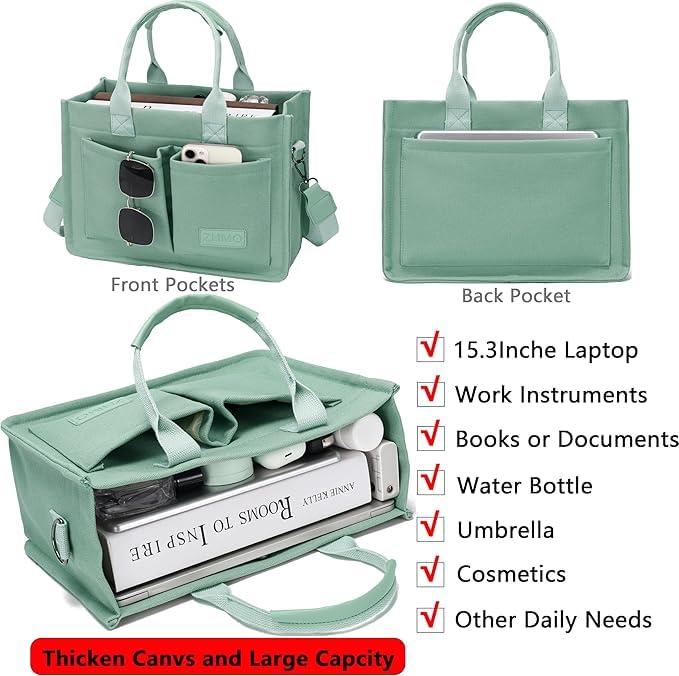 Kawn® Large Canvas Tote Bag for Women hobo Shoulder Bag with Zipper Multi-Pocket Satchel bag Crossbody Bag with Detachable Strap Everything Everyday Handbags for Office, College and Travel (Pea Green)