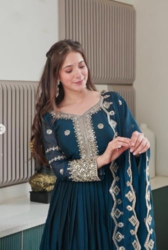 TILKI Fashion Women's Solid Embroidery Work Gown with Dupatta Long Sleeves and Round Neck Most Beautiful Havy Gown for Party | Wedding | Diwali |Any Occasion (in, Alpha, M, Regular, RAMA)