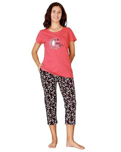 BODYCARE Women's Cotton Printed T-Shirt and Capri Set | Soft & Breathable Nightwear | Short Sleeves | Loungewear Co-Ord Set| BSCS16046_100 Multicolour