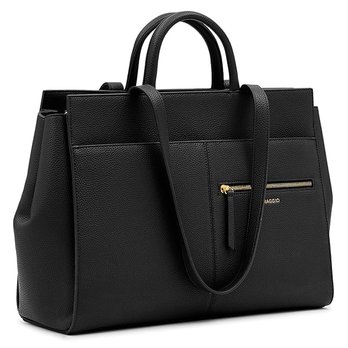 Miraggio Riana Structured Office Tote Bag For Women Fits Upto 14 Inche Laptop With Back Luggage Sleeve & Multiple Pockets | Office Shoulder Handbag For Women- Black (Black)
