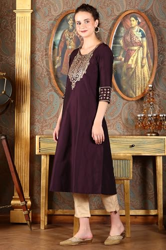 W for Woman Purple Solid Zari Embroidered A-Line Blend Kurta with Straight Pant and Dupatta Set (WS11970-222619-XL)